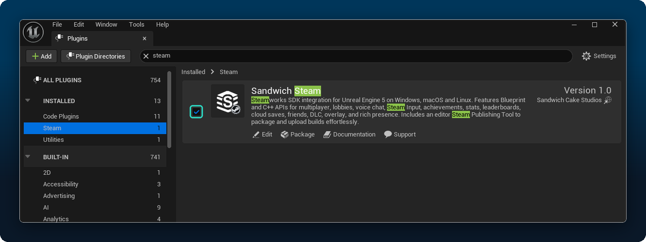 Sandwich Steam in the Plugins window