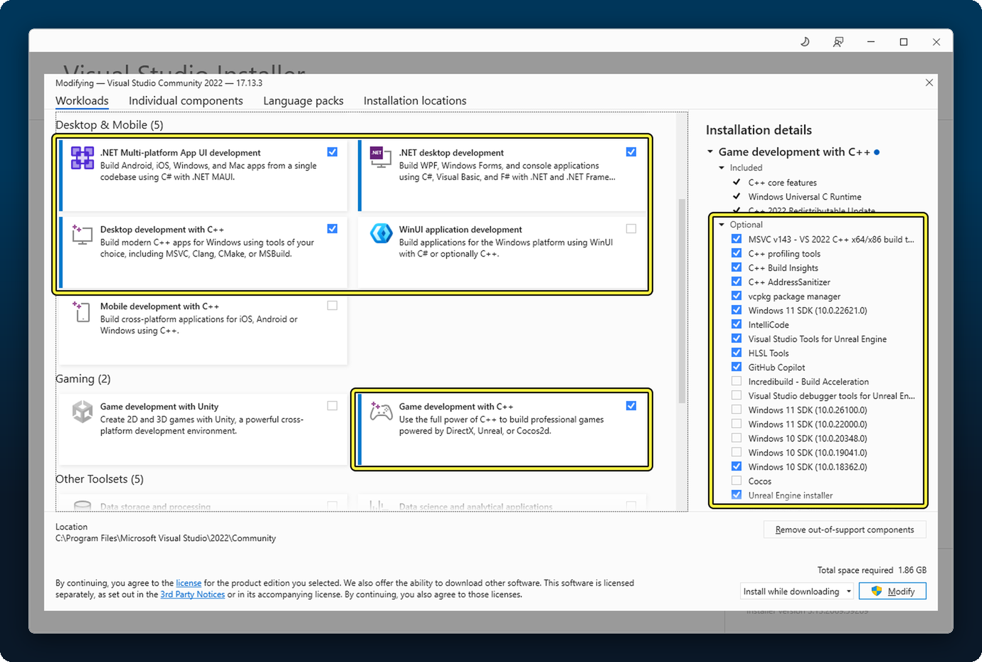 Visual Studio Installer with the Game development with C++ workload ticked