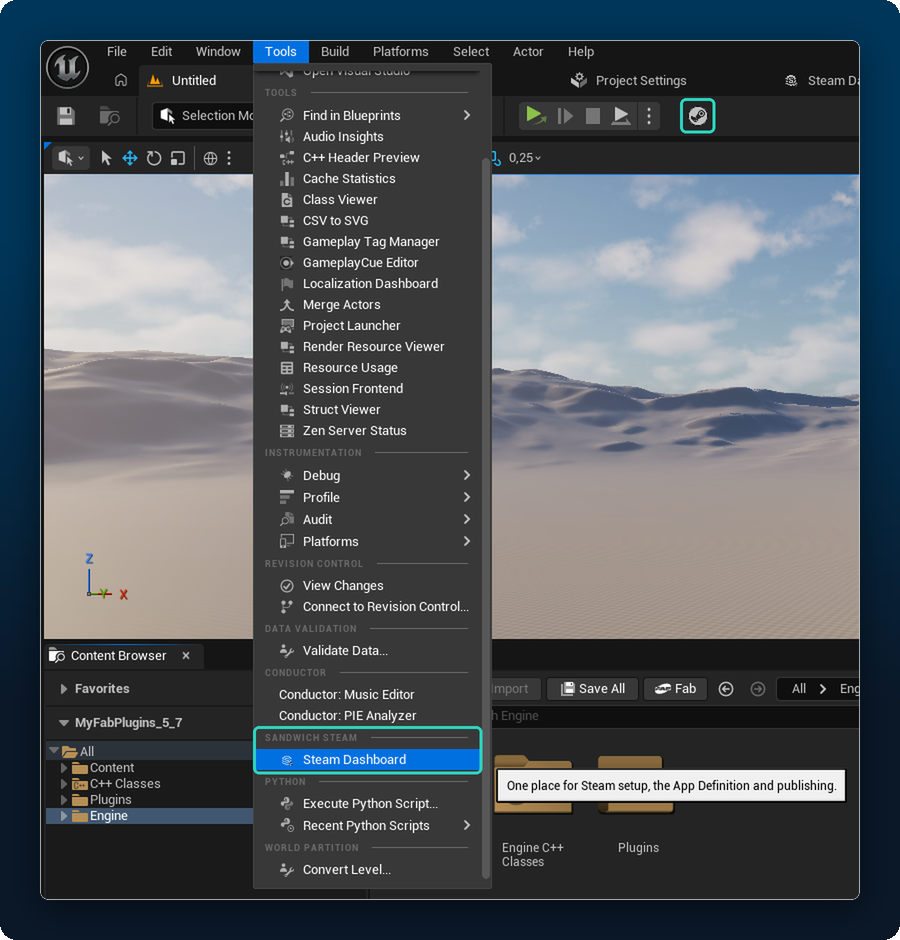Opening the Steam Dashboard from the Tools menu or the toolbar