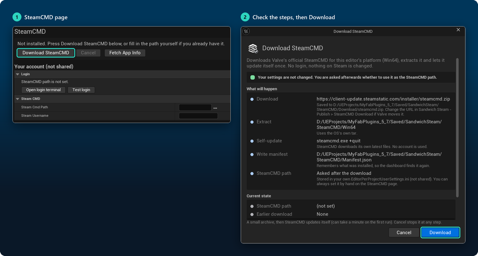Downloading SteamCMD from the dashboard