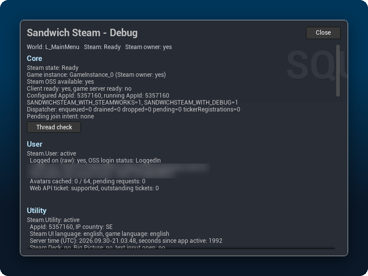 The Steam debug panel