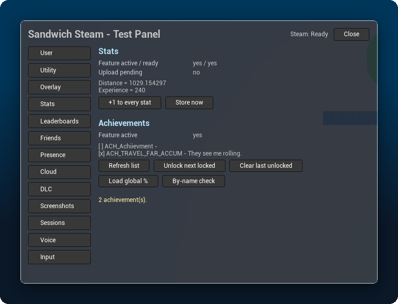 The in-game test panel